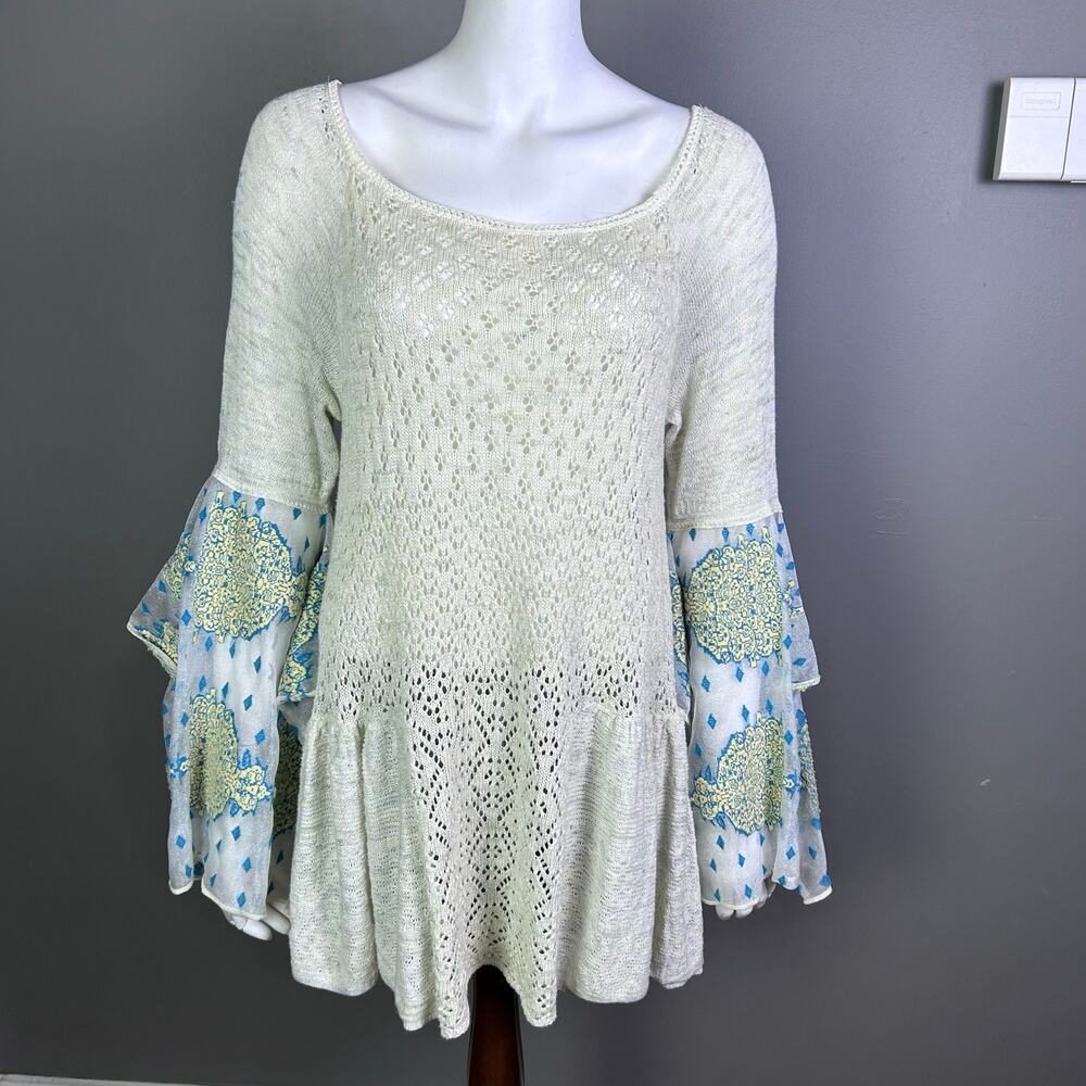 Free People sweater medium long crochet bell sleeves mixed media‎ boho dramatic